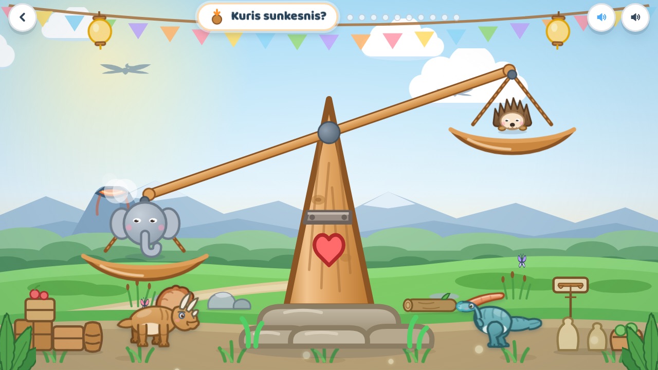 Žaidimas „Dino svarstyklės“ – ant lėkščių dedami daiktai, kol svarstyklės susilygina