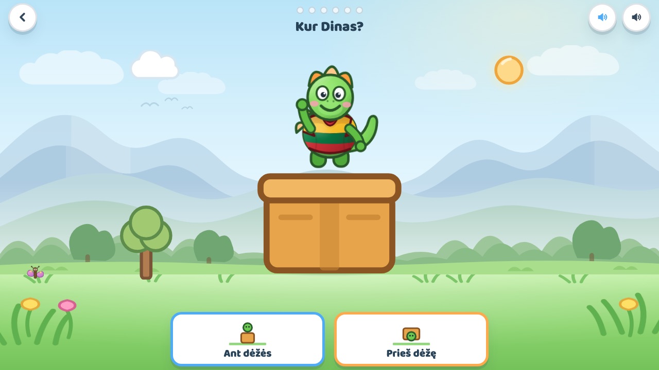 Žaidimas „Kur Dinas?“ – pasakoma, kur Dinas yra dėžės atžvilgiu