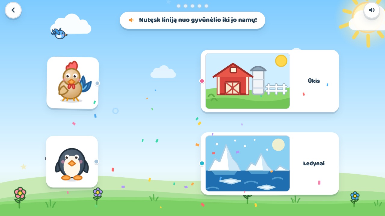Žaidimas „Kur gyvena?“ – gyvūnas linija jungiamas su jo namais