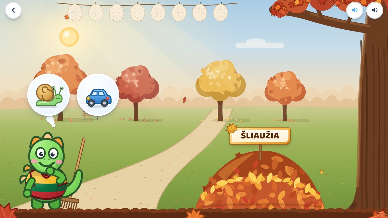 Žaidimas Kas po lapais?: rudens parkas, lapų krūvelės su užuominų lapeliais