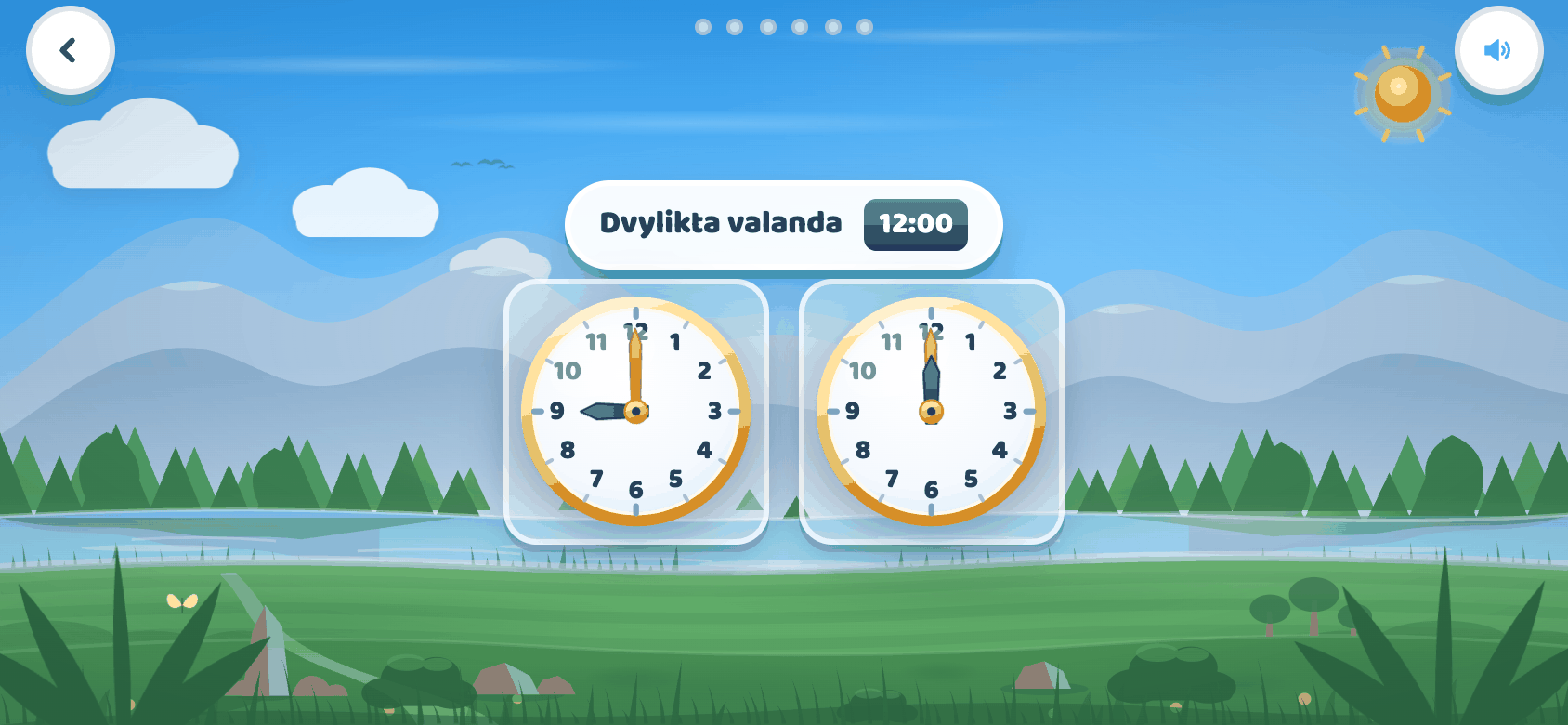 Laikrodžio žaidimas: du laikrodžiai ir užrašas, kelinta valanda.