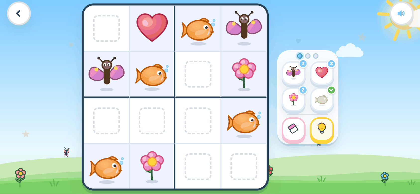 Paveikslėlių sudoku: langeliai su gyvūnėliais ir gėlėmis.
